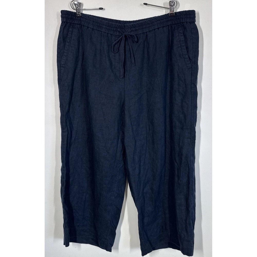 Talbots Navy Blue Wide Leg Pull On Cropped Casual Linen Pants Size XL Lagenlook